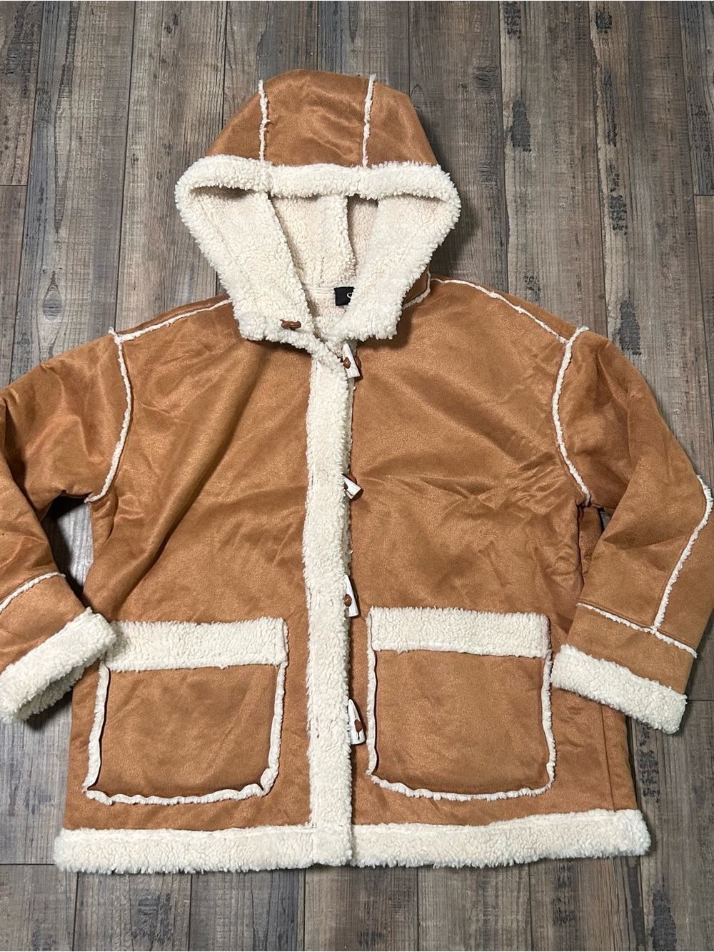 CIDER Faux Suede & Shearling Jacket Brown Tan Oversized Penny Lane Sz Large Hood